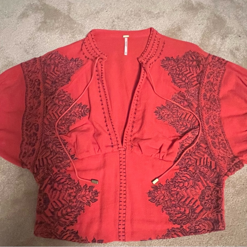 Free People Red Blouse with Navy Embroidery